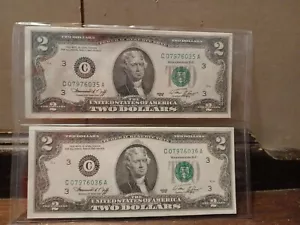 2-1976 2 dollar bills with Sequential Numbers USA Currency - Picture 1 of 9