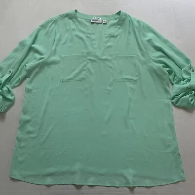 Susan Graver Top Womens L Mint Green Silky Popover Tunic Blouse Roll Tab Sleeve - Image 1 of 4