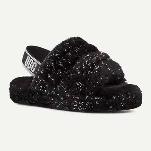 NUOVO UGG bambino giovane Fluff Yeah metallizzato scintillante nero slingback slide pantofole - Foto 1 di 6