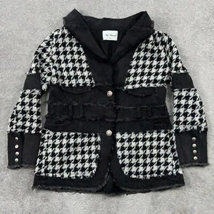 Ma Cherie Womens Houndstooth Denim Jacket Medium Black Jean Tweed Detail - Picture 1 of 11