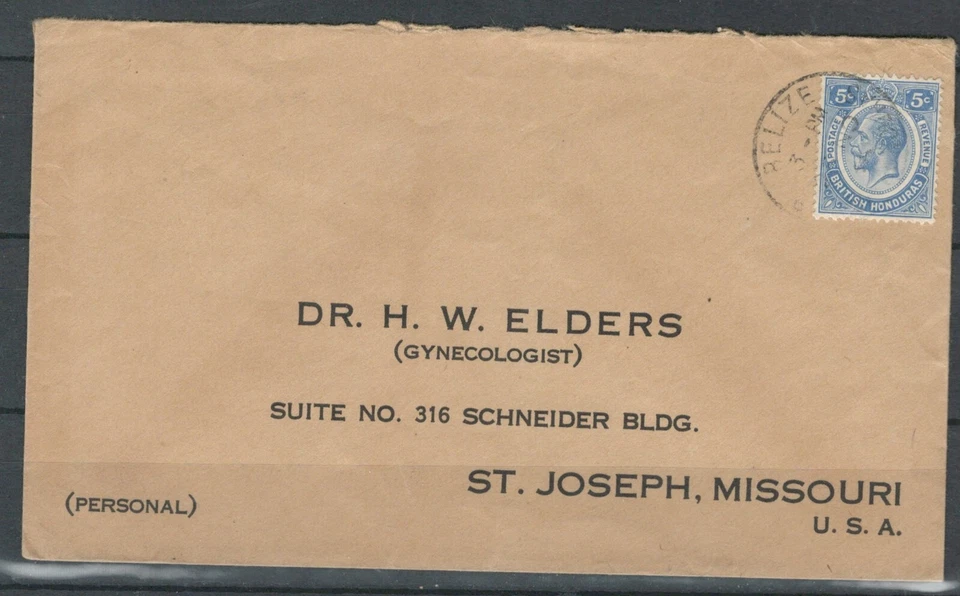 HONDURAS BRITISH POSTAL HISTORY KG V COVER FROM BELIZE TO USA SOLO  LOT (BCL 33) - Image 1 of 1