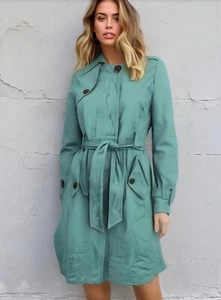 Lauran Conrad Women's Trench Coat Sz 2 Green Button Down Belted Preppy Corpgore - Picture 1 of 20