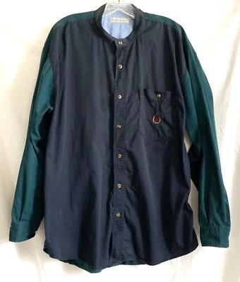 VTG Bugle Boy Collarless Shirt Mens Large Colorblock Button Front Crest - Image 1 of 4