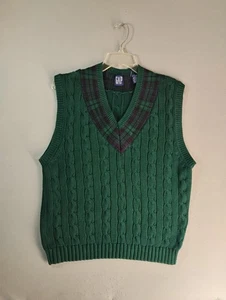 VTG Gap Mens Sweater Vest Large Green Cotton Cable Knit V Neck Preppy Pullover - Picture 1 of 8
