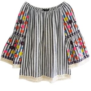 Ali Miles Size M Off Shoulder Linen Poly Stripe Floral 3/4 Sleeve Top - Picture 1 of 11