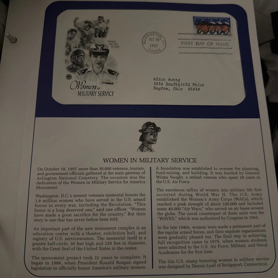 First Day Issue Women In Military Service Stamp Info Sheet 1997. - Image 1 of 1