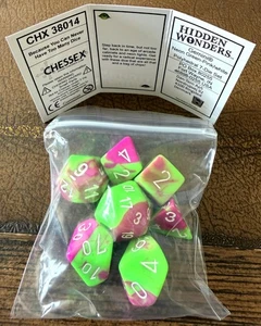Chessex 38014 Hidden Wonders Gemini Neon Green-Pink /white Polyhedral 7 Dice Set - Picture 1 of 2