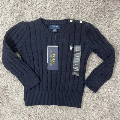 Nuevo con etiquetas Polo Ralph Lauren Niñas 2T Tejido con Cable Suéter Manga Larga Azul Marino y Rosa Poni Foto 1 de 4