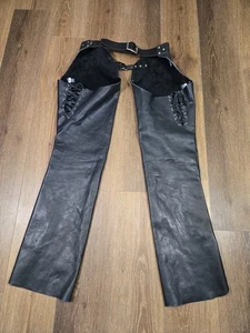 Gypsy Black Leather Motorcycle Chaps Mens Medium Adjustable Waist  - Picture 1 of 14