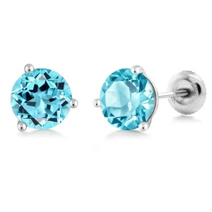 18K White Gold 1.80 Ct Round 6mm Swiss Blue Topaz 3-Prong Martini Stud Earrings - Picture 1 of 5