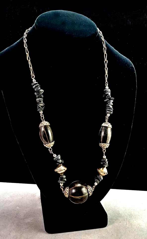 Boho Necklace Black Wood Bead & Stone & Tibetan Silver Metal Link 22" Ethnic J8 - Image 1 of 4
