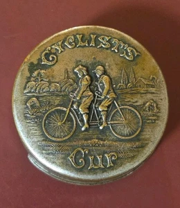 VINTAGE BICYCLE CUP COLLAPSIBLE CYCLISTS Tandem Travel Embossed Antique 1897 Tin - Picture 1 of 4