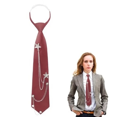 Gravata preta para mulheres meninas, gravata feminina punk com acessórios de corrente, pré marrom - Imagem 1 de 4