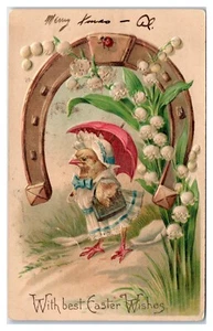 Anamorphic Chick in Easter Dress with Parasol With Best Easter Wishes Postcard - Picture 1 of 2