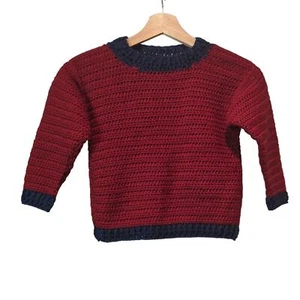 Hand Knit Children's Sweater Size Small Red with Navy Trim - Picture 1 of 4