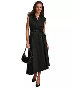 Donna Karan Women's Sleeveless Notch-Collar Wrap Midi Dress Black SZ 6 Defects - Picture 1 of 7