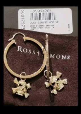 Ross Simons 18k Yellow Gold Sterling silver Skull Diamond Charm Hoop Earrings  - Image 1 of 4