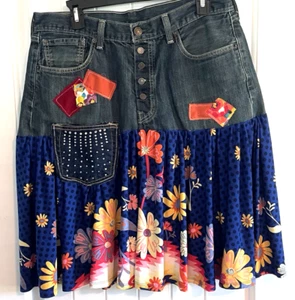Vintage Levi Strauss Repurposed / Recycled Denim Jean Skirt Boho Patch Sz. 33 - Picture 1 of 10