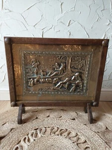 Vintage Embossed Brass & Wood Firescreen Framed Fireplace Screen 60cm x 53cm - Picture 1 of 24