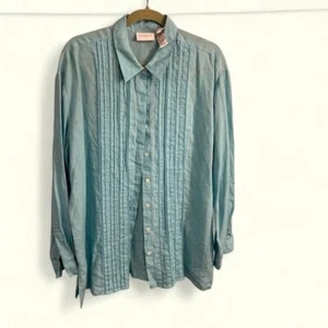 Liz Claiborne Liz Sport stunning turquoise 100% linen button down blouse XL - Picture 1 of 9