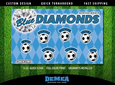 Diamantes azules - Banner de equipo de fútbol - (3 pies x 5 pies) Nombre de tu equipo y diseño personalizado Foto 1 de 3