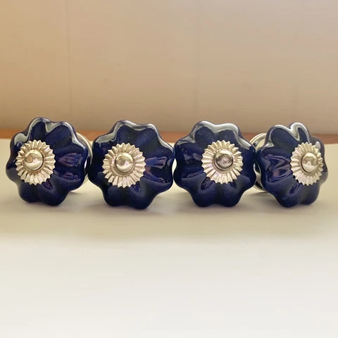 4 Porcelain Draw Pull Knob Flower Dark Navy Blue Hardware 1.5” Country Farmhouse Cover