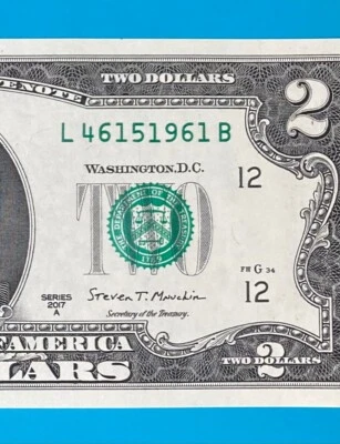 L 4615 1961 B : TRAILING YEAR 1961 $2 Two Dollar Bill Serial Number *UNC* - Image 1 of 3