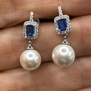 New Condition Sterling Silver Pearl Blue Square Cut CZ Earrings 925 - Picture 1 of 5