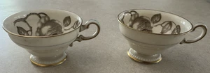 Pair of Castleton Porcelain Tea Cup Gray Roses Gloria Pattern Blue Stripe Handle - Picture 1 of 7