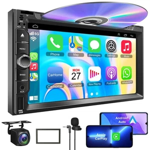 Double Din car Stereo with CD/DVD Player- CarPlay & Android Auto, Car Audio w... - Picture 1 of 7