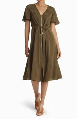 NWT Ted Baker Aiyanna Khaki Green Palm Flutter Drawstring Midi Dress XL Size 6 - Image 1 of 4