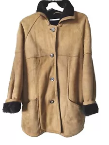 REAL SHEEPSKIN 14 WOMEN'S CAR COAT VINTAGE CAMEL MIDI BUTTON DOWN WINTER - Picture 1 of 13