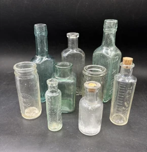 Apothecary Chemist Bottles Job Lot x 9 Antique Clear Glass Food & Medicine - Picture 1 of 11
