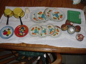 toy tin dishes, cups, sauce pans, strainer, tray - Picture 1 of 7