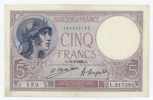 Frankreich 5 Franken 16-2-1925 Pick 72,c Sehr guter Zustand + im Umlauf befindliche Banknote Ref 123 - Bild 1 von 2