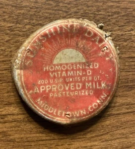 Tapa de botella de leche vintage aprobada por Sunshine Dairy Middletown Connecticut CT A8 - Imagen 1 de 12