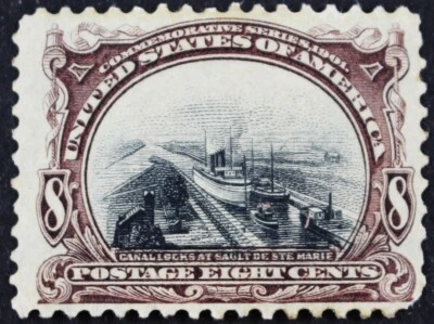 EE. UU., Scott #298, 8¢ Panamericano, cerradura de canal Poe, cambio de color, lila en negro, MH Foto 1 de 3