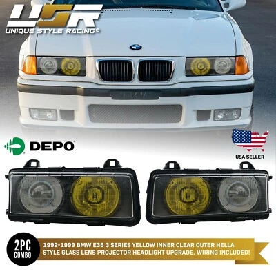 French Yellow/Clear GLASS Lens DEPO Euro Hella Projector Headlights For BMW E36 - Image 1 of 4