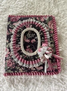 Padded Fabric Photo Album Black Mauve Lace Floral Bows Cottage Scrapbook 80s - Picture 1 of 11