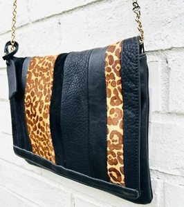 New Sole Society Black + Cheetah Faux Leather Gold Chain Crossbody or Clutch Bag - Picture 1 of 5