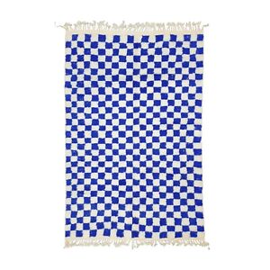 Moroccan Handmade Beni Ourain Rug 6'x9' Berber Checkered Blue Wool Tribal Carpet