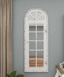 Rustic Vintage Distressed Farmhouse Arched Windowpane Wood Mirror Wall Art Decor - Picture 1 of 12