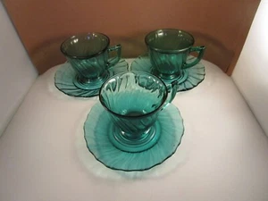 Vintage Jeanette Glass Ultramarine Swirl Blue Green Set of 3 Cups & Saucers F - Picture 1 of 9