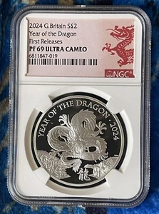 2024 GREAT BRITAIN 1OZ SILVER PROOF NGC PF69 UCAM YEAR OF DRAGON FIRST RELEASES - Picture 1 of 2