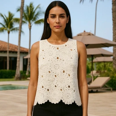 ZARA Top Mujer M Marfil Estilo Crochet Sin Mangas Dobladillo Vieira Boho Festival Transparente Foto 1 de 4