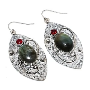 Labradorite, 925 Sterling Silver Hand Gem Garnet Jewelry Earring 6.5cm - Picture 1 of 5