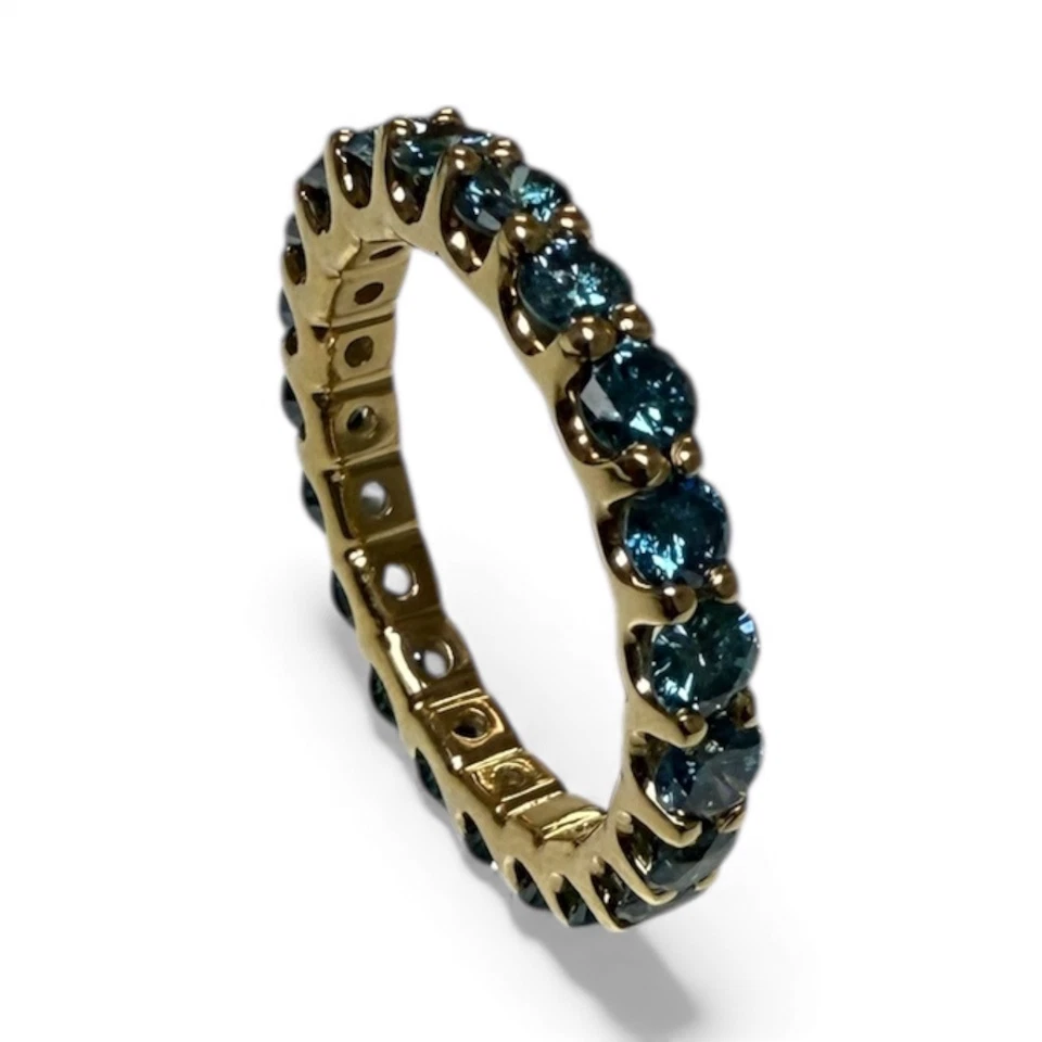 14K Solid Yellow Gold Round Eternity U Shape Blue Diamond Bridal Ring 1.54ctw - Image 1 of 3