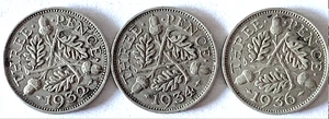 Bestseller: UK Silber Threepence Trio - geringe Auflage 1932, 1934 & 1936 (KM#831) - Bild 1 von 9