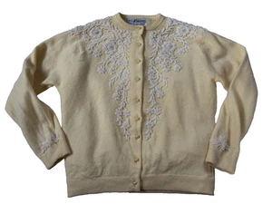 Vintage Hong Kong Perlen Angora Kaschmir Strickjacke gelb geblümt Gr. 42 - Bild 1 von 22