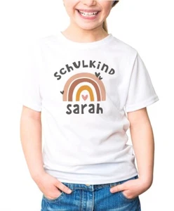 Kinder Mädchen T-Shirt Einschulung 2025 mit Namen Regenbogen Aufdruck Schulkind - Picture 1 of 8